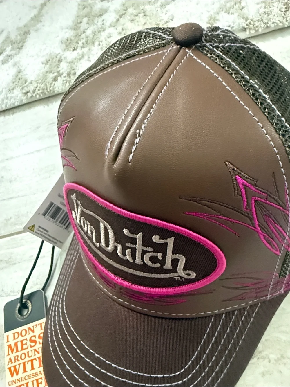 Von Dutch Brown Leather-Look Trucker Cap with Pink Accents..nwt..o/s